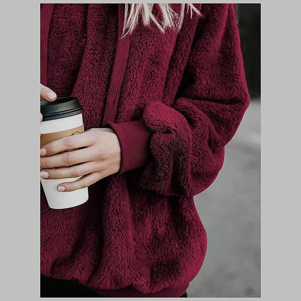 Women's Fuzzy Hoodies Sport Pullover Hoodie Wine Red - Picture 3 of 7